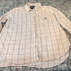 Carhartt Women's Tan and Red Plaid Button-Down Shirt